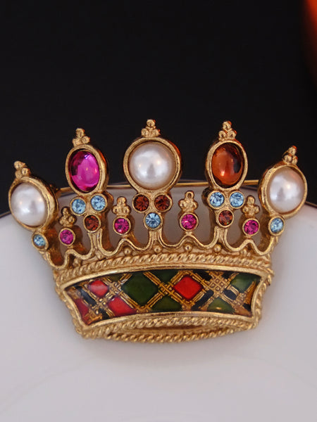 Butler & Wilson crown Tartan pattern brooch (Vintage)