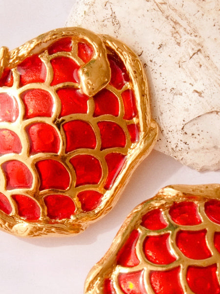 YSL Yves Saint Laurent red enamel golden snake earrings (Vintage)
