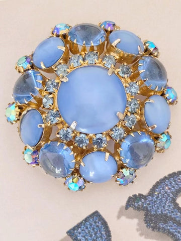 Milk blue glass cabochons brooch (vintage)