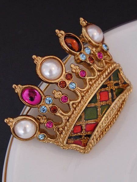 Butler & Wilson crown Tartan pattern brooch (Vintage)
